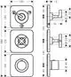 AXOR Thermostatmodul mit Unterputzdesign, zur Steuerung von bis zu drei Verbrauchern. Enthält verschiedene Rosetten und Abmessungen. Technische Zeichnung mit klaren Maßangaben.